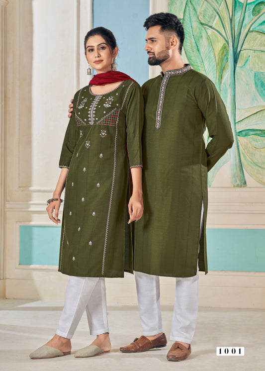 Men And Women Green Pure Viscose Weaving Stripe With Embroidery Work Couple Kurta Pajama And Kurti Pant Set