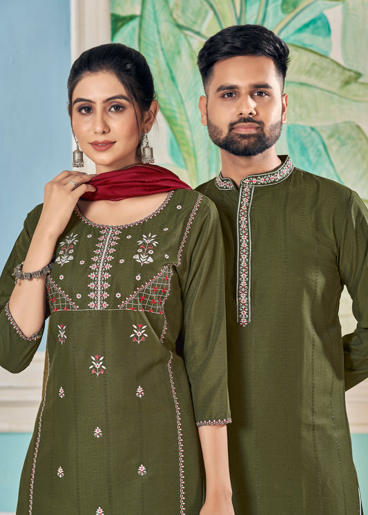 Men And Women Green Pure Viscose Weaving Stripe With Embroidery Work Couple Kurta Pajama And Kurti Pant Set