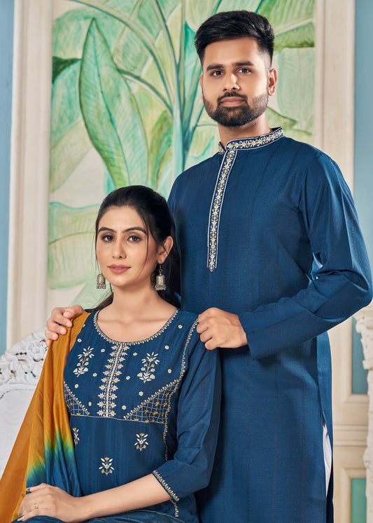Men And Women Rama Pure Viscose Weaving Stripe With Embroidery Work Couple Kurta Pajama And Kurti Pant Set