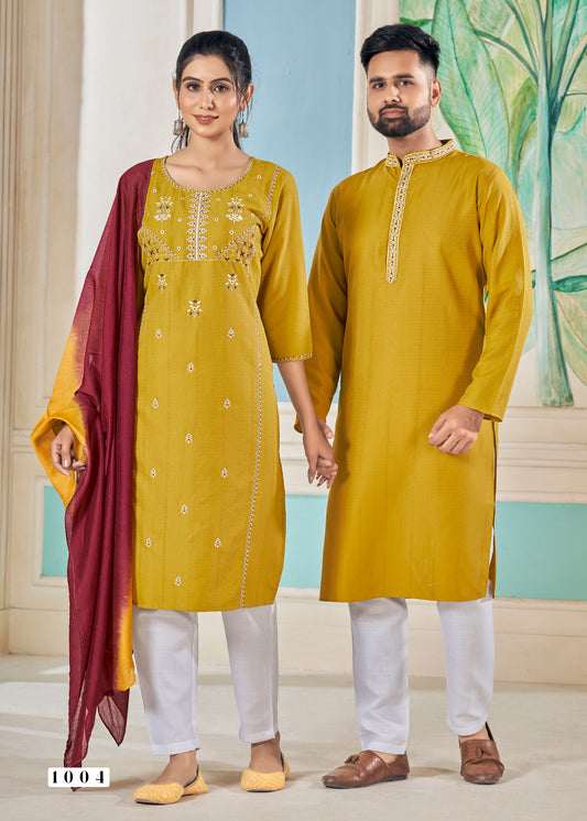 Men And Women Yellow Pure Viscose Weaving Stripe With Embroidery Work Couple Kurta Pajama And Kurti Pant Set
