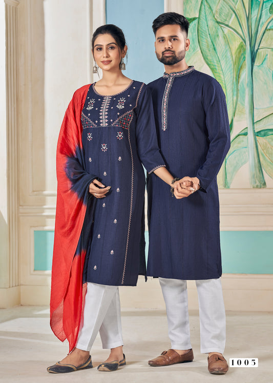 Men And Women Dark Blue Pure Viscose Weaving Stripe With Embroidery Work Couple Kurta Pajama And Kurti Pant Set