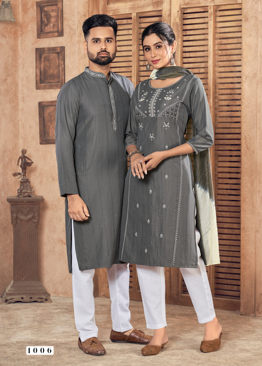 Men And Women Grey Pure Viscose Weaving Stripe With Embroidery Work Couple Kurta Pajama And Kurti Pant Set
