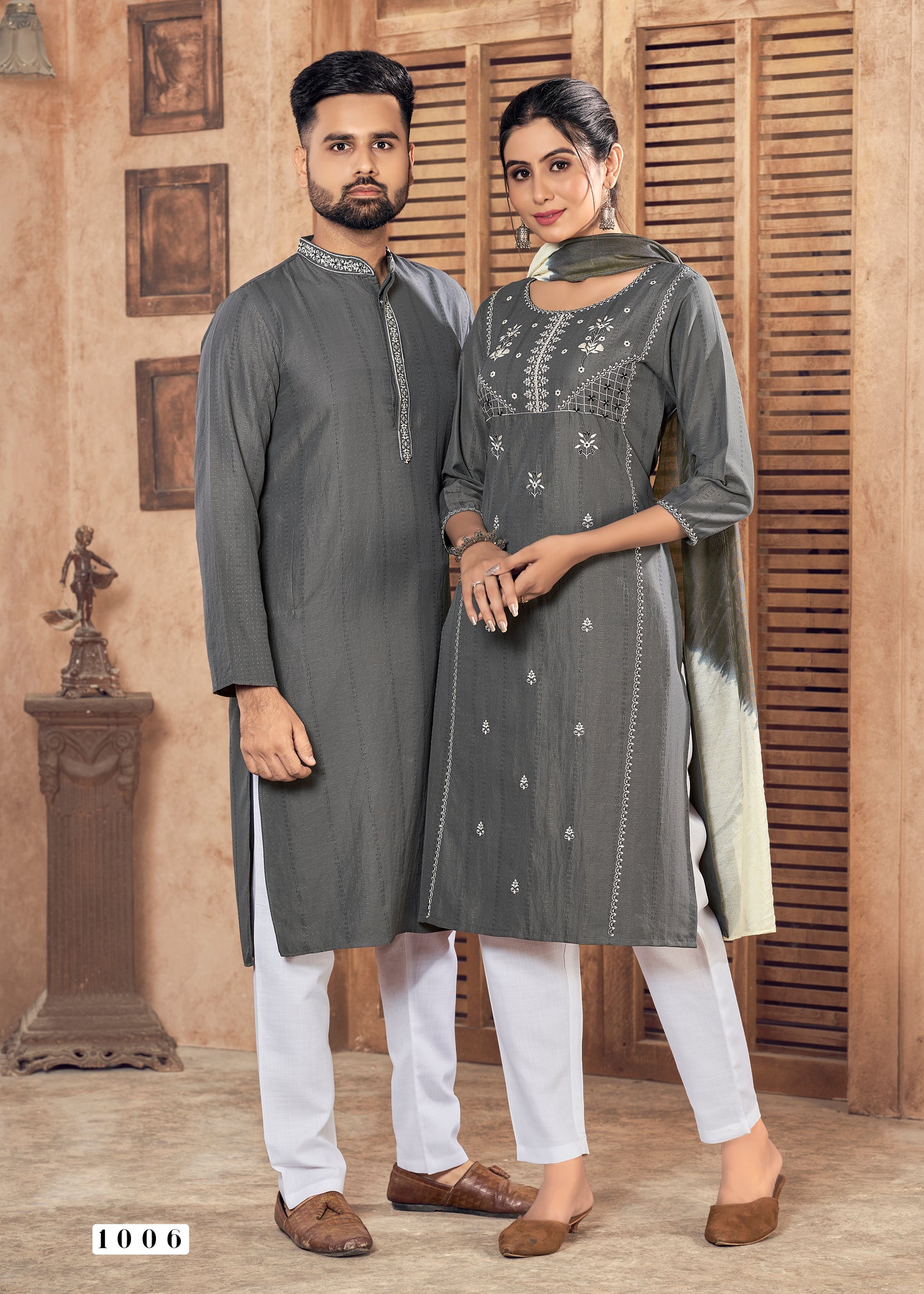 Men And Women Grey Pure Viscose Weaving Stripe With Embroidery Work Couple Kurta Pajama And Kurti Pant Set