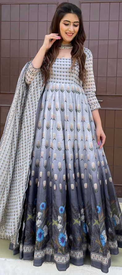 Light Grey Chanderi Digital Printed Anarkali Gown With Dupatta