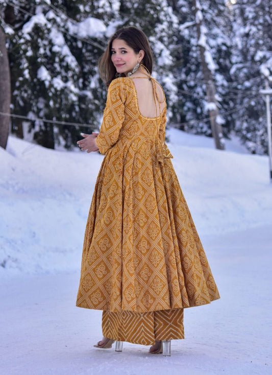K b mustard yellow cotton silk printed party-wear ready made gown with palazzo set