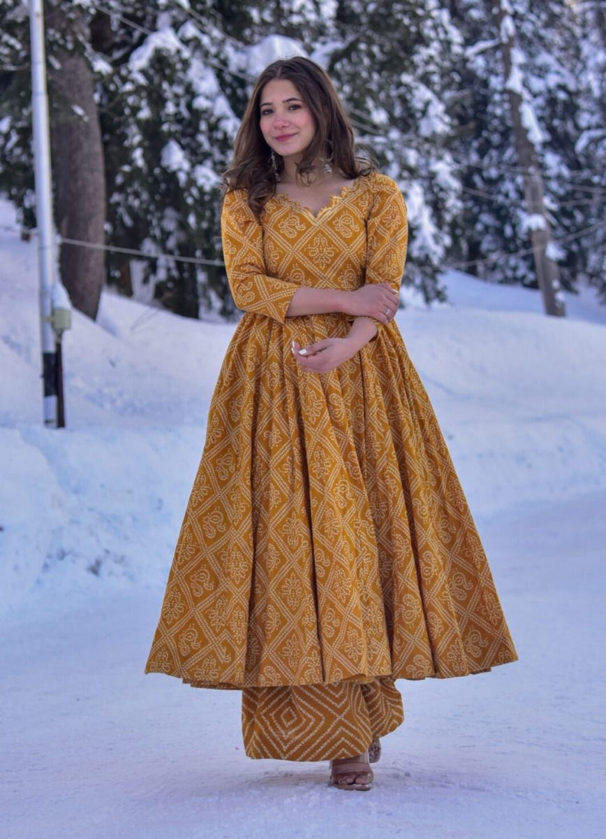 K b mustard yellow cotton silk printed party-wear ready made gown with palazzo set