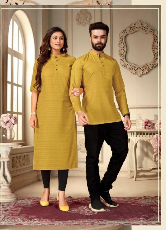 Men And Women Yellow Naylon Viscose with Weaving Stripe Couple Kurta Shirt And Kurti Combo