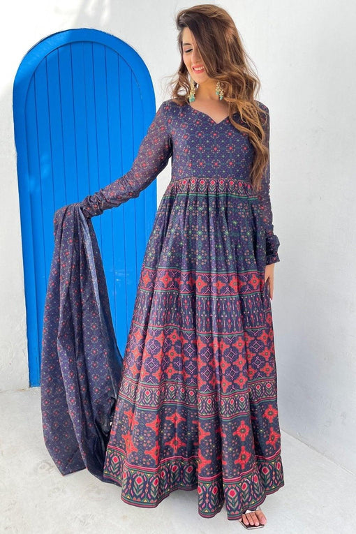BLUE CHANDERI PATOLA PRINTED GOWN WITH DUPATTA