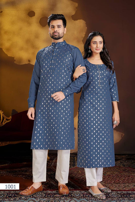 Men And Women Blue Foil Print Pure Cotton Couple Kurta Pajama And Kurti Pant Set