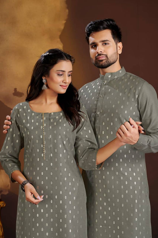 Men And Women Brown Foil Print Pure Cotton Couple Kurta Pajama And Kurti Pant Set