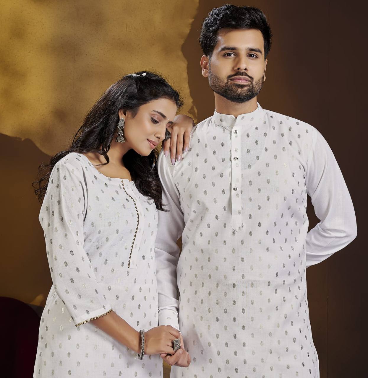 Men And Women White Foil Print Pure Cotton Couple Kurta Pajama And Kurti Pant Set