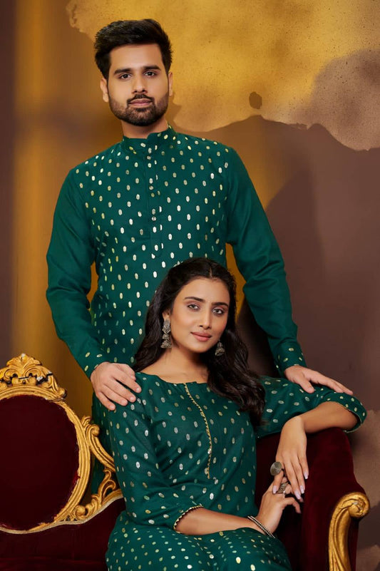 Men And Women Rama Foil Print Pure Cotton Couple Kurta Pajama And Kurti Pant Set