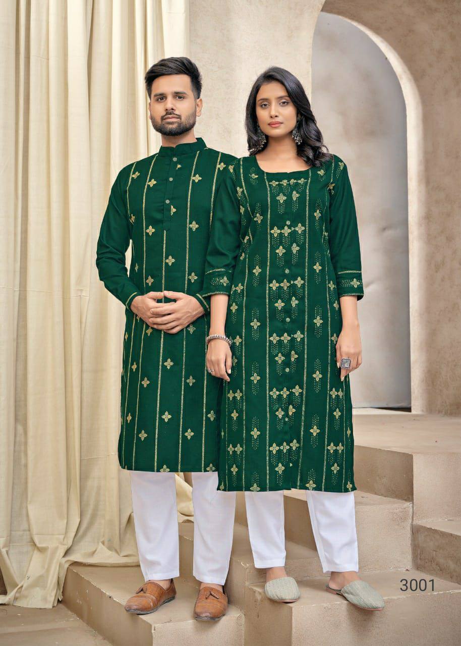 Men And Women Green Foil Print Pure Cotton Couple Kurta Pajama And Kurti Pant Set