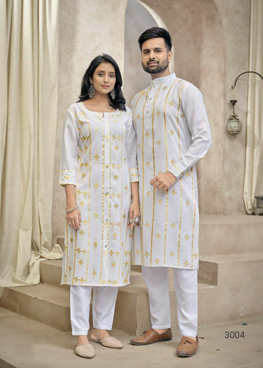 Latest Couple Matching White Pure Cotton with Foil Print Kurta & Pajama, Kurti & Pant Set(CoupleDream)