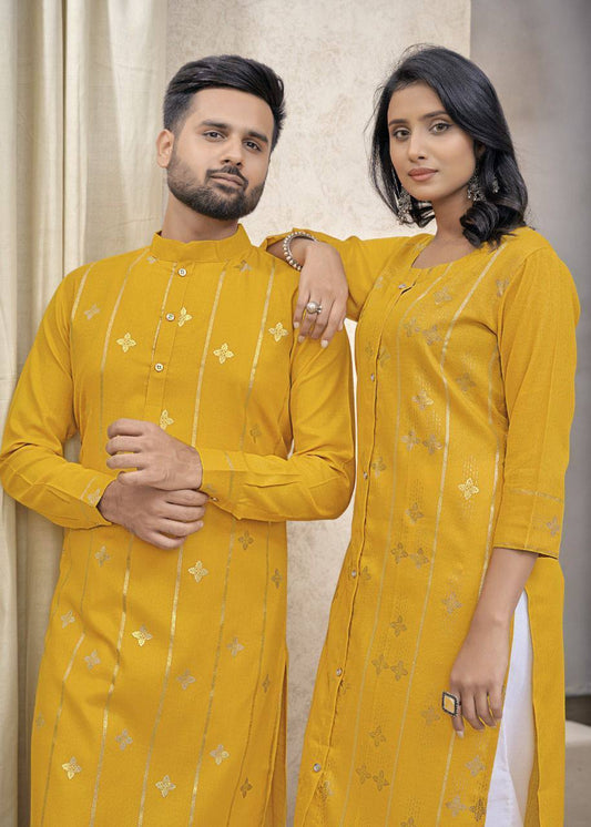 Men And Women Yellow Foil Print Pure Cotton Couple Kurta Pajama And Kurti Pant Set