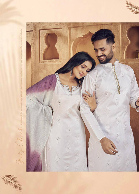 Couple Matching Jacquard Silk Sequence Butti Work Kurta Pajama & Kurti Pant with Dupatta Set White