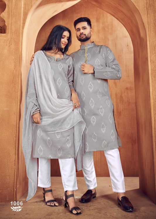 Couple Matching Jacquard Silk Sequence Butti Work Kurta Pajama & Kurti Pant with Dupatta Set Grey