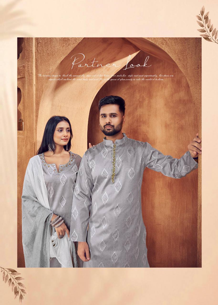 Couple Matching Jacquard Silk Sequence Butti Work Kurta Pajama & Kurti Pant with Dupatta Set Grey
