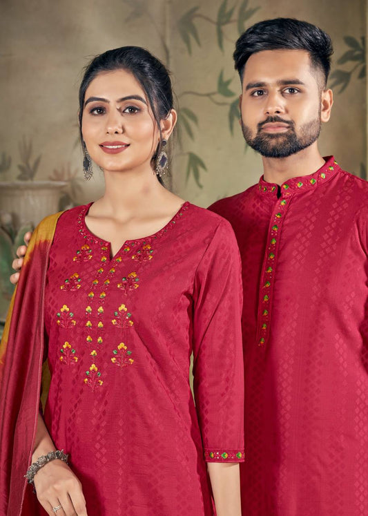 Men And Women Red Embroidery Pure Cotton Couple Kurta Pajama And Kurti Pant Set