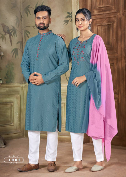 Men And Women Rama Embroidery Pure Cotton Couple Kurta Pajama And Kurti Pant Set