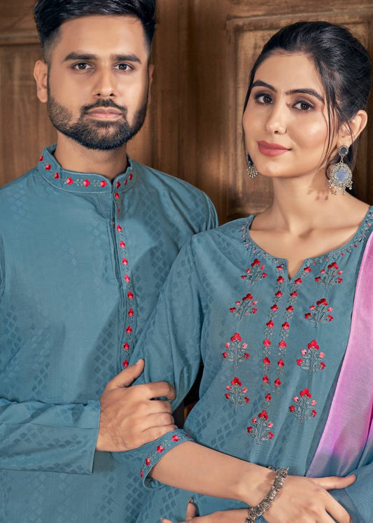 Men And Women Rama Embroidery Pure Cotton Couple Kurta Pajama And Kurti Pant Set