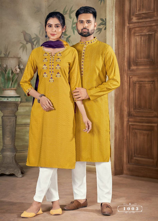 Men And Women Yellow Embroidery Pure Cotton Couple Kurta Pajama And Kurti Pant Set