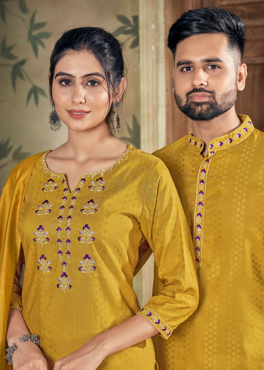 Men And Women Yellow Embroidery Pure Cotton Couple Kurta Pajama And Kurti Pant Set