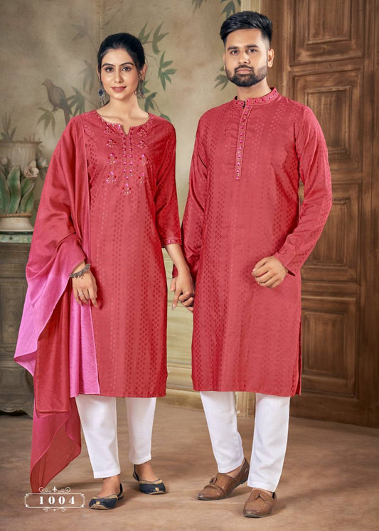 Men And Women Pink Embroidery Pure Cotton Couple Kurta Pajama And Kurti Pant Set