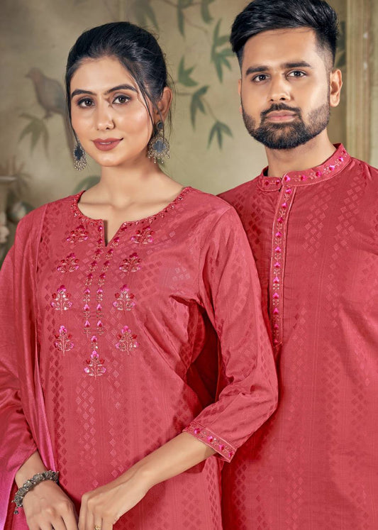Men And Women Pink Embroidery Pure Cotton Couple Kurta Pajama And Kurti Pant Set