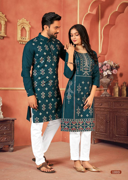 Latest Couple Dream Matching Rama Pure Cotton with Foil Print Kurta & Pajama, Kurti & Pant Set(CoupleDream)