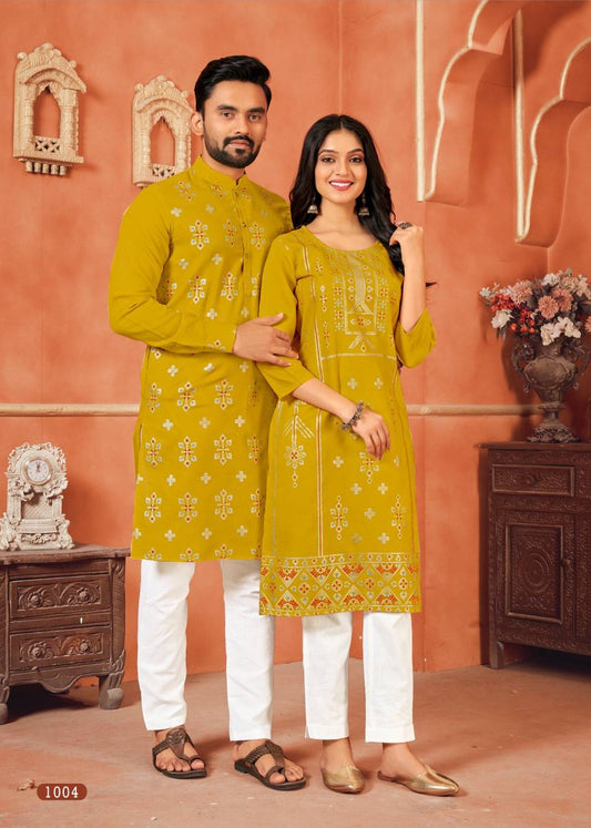Latest Couple Dream Matching Yellow Pure Cotton with Foil Print Kurta & Pajama, Kurti & Pant Set(CoupleDream)