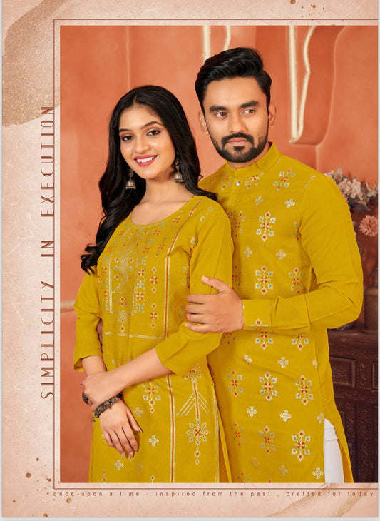 Latest Couple Dream Matching Yellow Pure Cotton with Foil Print Kurta & Pajama, Kurti & Pant Set(CoupleDream)