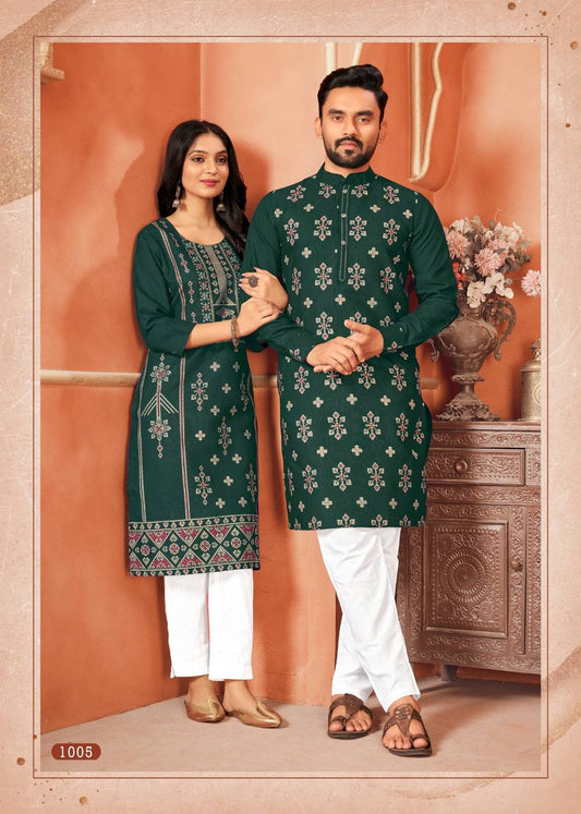 Latest Couple Dream Matching Green Pure Cotton with Foil Print Kurta & Pajama, Kurti & Pant Set(CoupleDream)