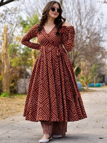 K b stunning maroon badhej printed cotton palazzo gown set