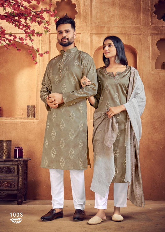 Couple Matching Jacquard Silk Sequence Butti Work Kurta Pajama & Kurti Pant with Dupatta Set Brown